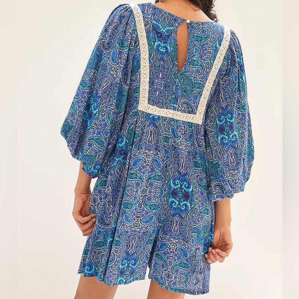 Anthropologie Lissa Boho Crochet Lace Detail Paisley Print Puff Sleeve Romper XS - Picture 2 of 16